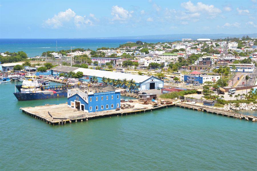 Cruise pier and harbor buildings on the coast at Puerto Plata, Dominican Republic